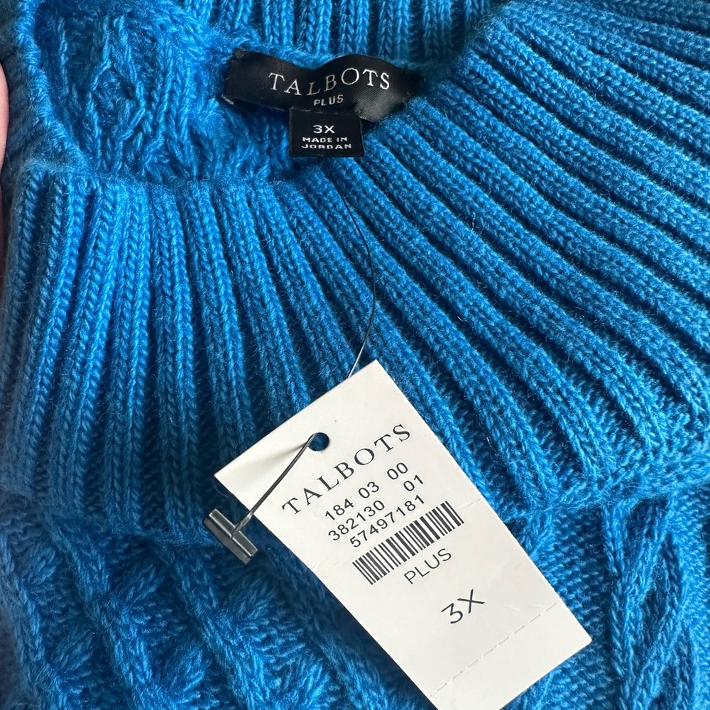 Talbots Plus Bright Turquoise Blue Cable-Knit Turtleneck Sweater - 3X